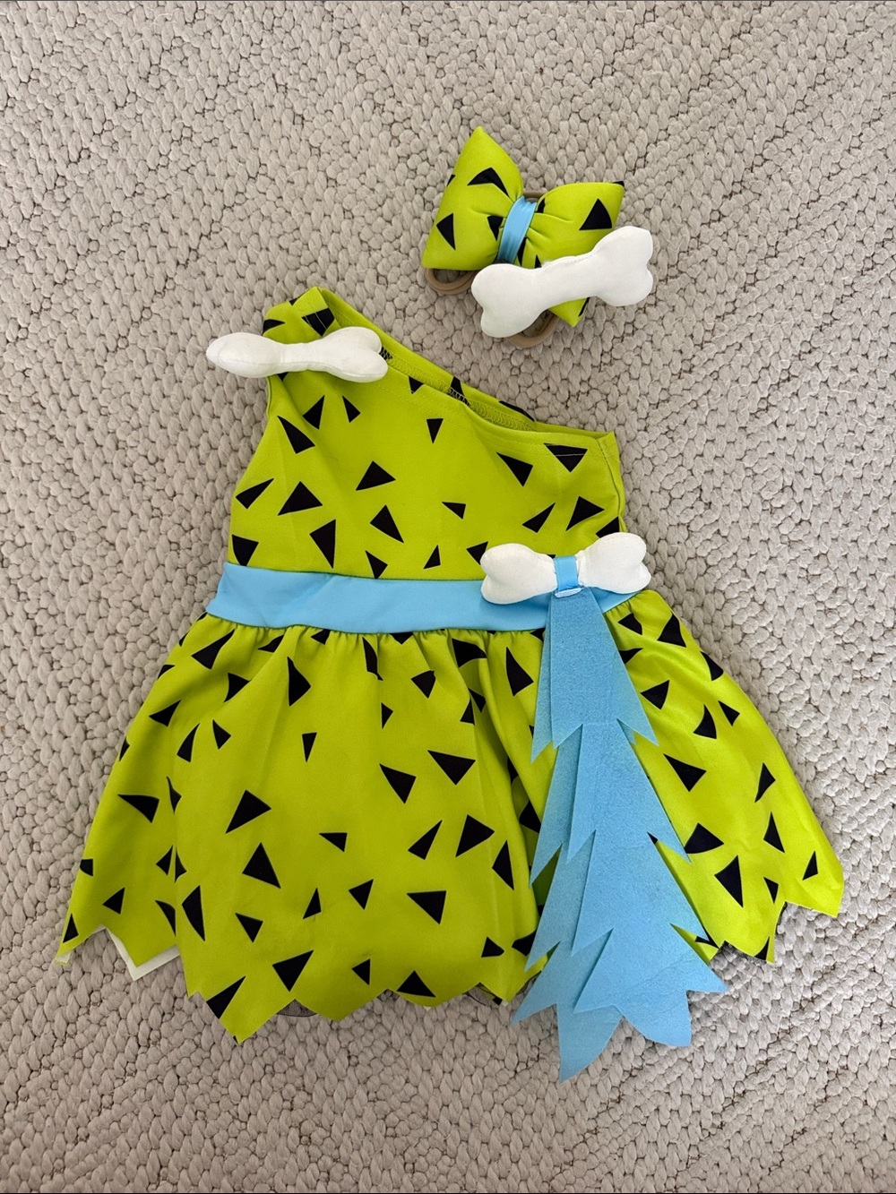 Green Dino Print Kids Costume Dress with Blue Sash and Bone Accent